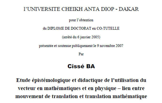 Etude épistémologique et didactique de l’utilisation du vecteur en mathématiques et en physique – lien entre mouvement de translation et translation mathématique
