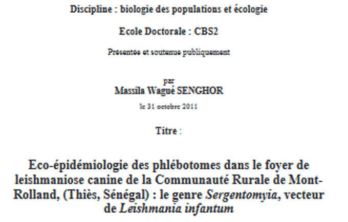 Eco-épidémiologie des phlébotomes dans le foyer de leishmaniose canine de la Communauté Rurale de Mont- Rolland, (Thiès, Sénégal) : le genre Sergentomyia, vecteur de Leishmania infantum