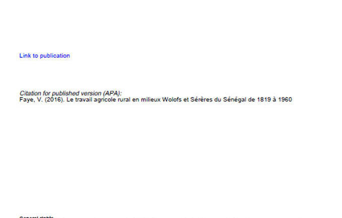 Le travail agricole rural en milieux Wolofs et Sérères du Sénégal de 1819 à 1960