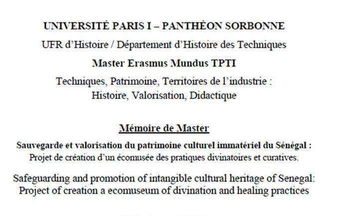 Sauvegarde et valorisation du patrimoine culturel immatériel du Sénégal : Projet de création d’un écomusée des pratiques divinatoires et curatives.